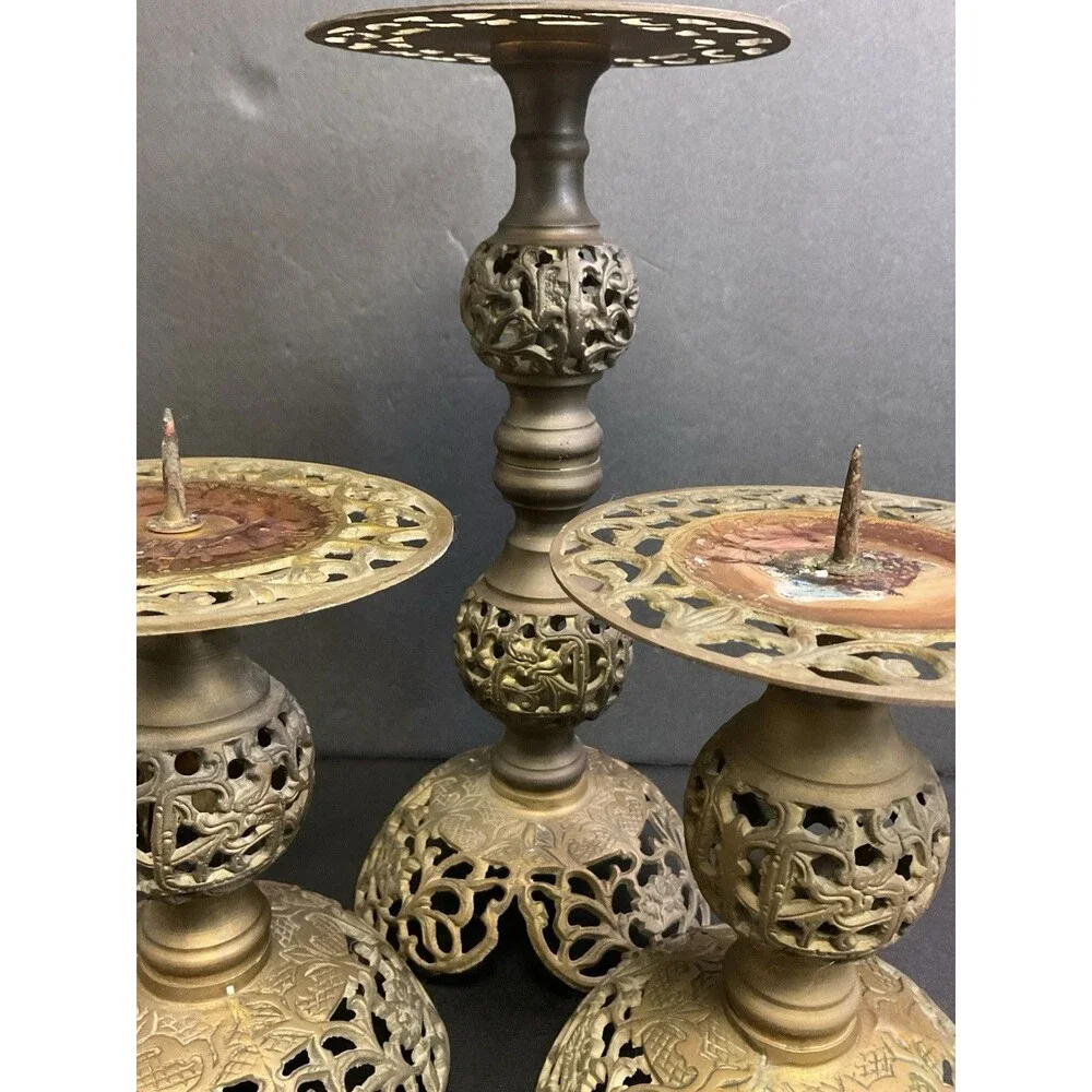 Vintage MCM Brass Filigree Set Of Candle Holders Pedestal